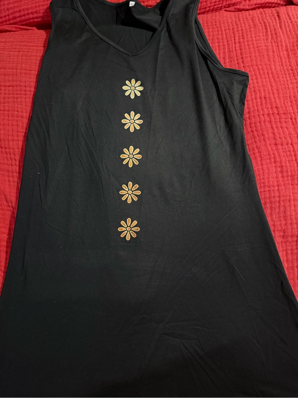 Black Tank Top Dress with Gold Daisy Motif - Women's Sleeveless Top